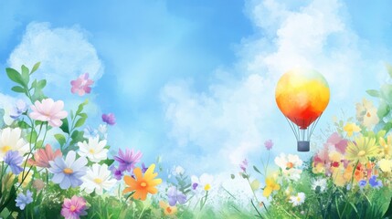 Colorful Hot Air Balloon Floating Above a Vibrant Flower Field Under a Clear Blue Sky with Soft Clouds in a Scenic Landscape During Daylight