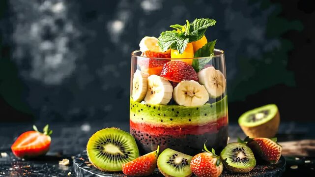 Colorful fruit parfait featuring layers of kiwi, strawberries, bananas, and mint on a dark background