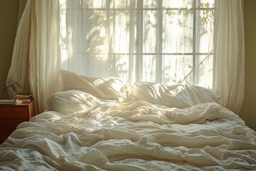 In a modern bedroom setting, an unmade bed with crisp white sheets and fluffy pillows stands, bathed in soft morning light, creating an inviting scene.