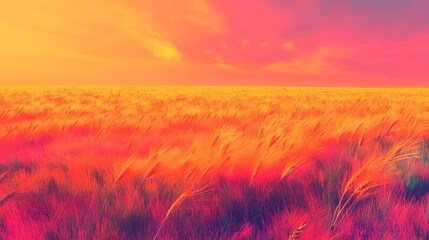 Fototapeta premium Vibrant sunset over a golden wheat field, with colorful skies and distant hills creating a serene landscape