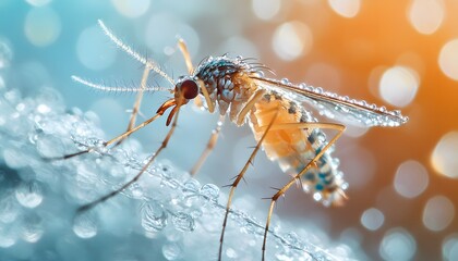Naklejka premium Dew Covered Mosquito Perched on a Blade of Grass