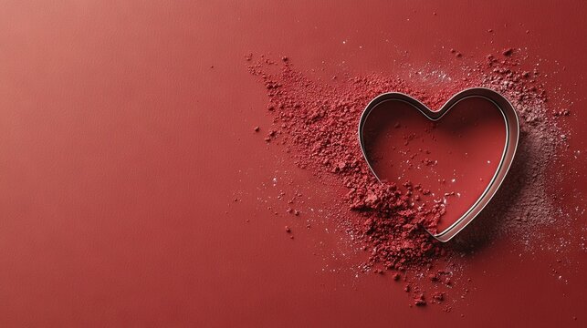   A heart-shaped cookie cutter resting atop a crimson background, alongside another heart-shaped cookie cutter