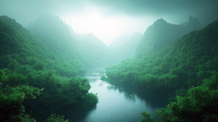 Obraz premium Enthralling River Valley: Misty Mountains, Lush Greenery, and a Serene River Flowing Through