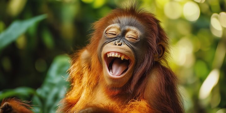 An ecstatic monkey laughing heartily, embodying joy amidst a lush and vibrant jungle backdrop.