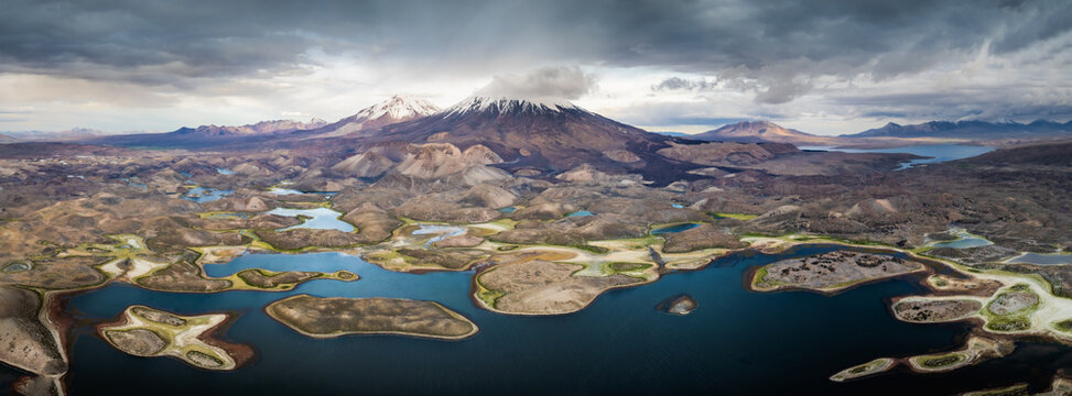 The Lagunas Cotacotani, with Parinacota and Pomerape in the background in Lauca national park, Chile