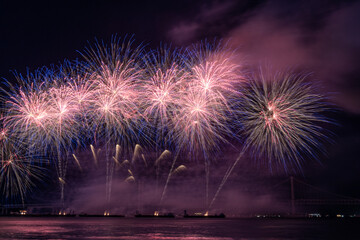Bright beautiful colorful fireworks celebration in the night sky. Photo taken in Busan, South Korea during the Busan Fireworks Festival 2024