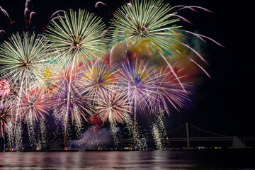 Bright beautiful colorful fireworks celebration in the night sky. Photo taken in Busan, South Korea during the Busan Fireworks Festival 2024