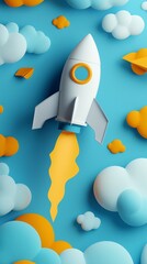 Colorful rocket illustration soaring through blue sky filled with clouds and playful shapes