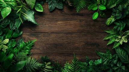 Tropical green leaves bordering wooden background creating empty space