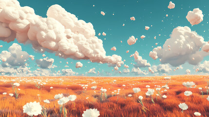 A whimsical clay prairie with cotton-like clouds hovering just above the ground and vibrant, flower-like shapes scattered across, generative ai. Vibrant Prairie. Illustration
