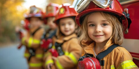 A group of children dressed in firefighter uniforms, smiling and posing in front of a fire truck, showcasing courage and teamwork.