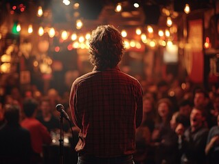 comedian stands on stage animatedly delivering punchline engaged audience. Bright lights illuminate performer while laughter echoes throughout comedy club.