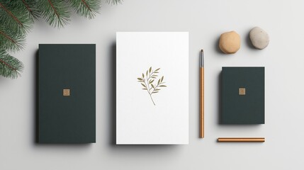 Elegant stationery set featuring minimalist design with botanical illustration arranged on a clean workspace