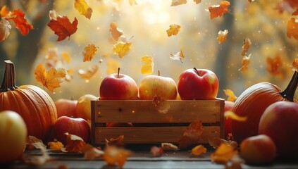 Vibrant Autumn Scene with Fresh Apples, Rustic Wooden Crate, Colorful Leaves, and Pumpkins Amidst a Golden Atmosphere of Fall Harvest Celebration