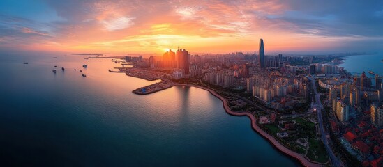 Naklejka premium Coastal City Sunset Aerial