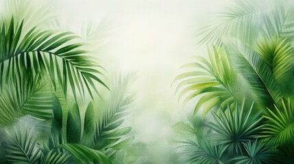 Lush Tropical Jungle Background with Soft Focus on Green Palm Leaves, Ideal for Nature Themes, Eco-Friendly Projects, and Relaxation Spaces