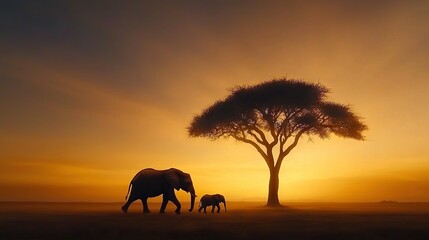 Obraz premium A mother elephant and her calf stroll beneath a tree as the sun sets behind them