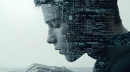 Youth coding, digital overlay, future tech, indoor