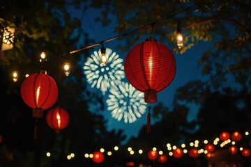 Fototapeta premium A dazzling display of Chinese New Year celebrations with red lanterns and fireworks lighting the night sky, filling the air with festivity and warmth.