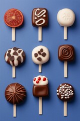 Chocolate popsicles displayed on a blue background showcasing various flavors and decorations for a sweet treat experience