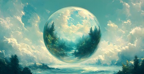 Surreal landscape with a giant bubble reflecting a serene forest and sky, evoking tranquility