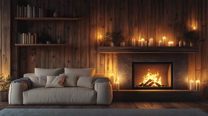 Cozy Cabin Warmth Candles glow softly illuminating rustic wood walls and fireplace. AI Generated