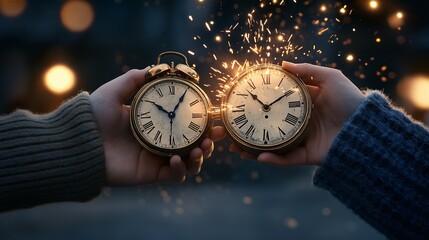 Two people holding vintage clocks while sparks fly in celebration during twilight