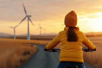 Girl wearing a yellow jacket and a beanie rides a bicycle on a countryside road near wind turbines at sunset, symbolizing sustainable mobility and clean energy