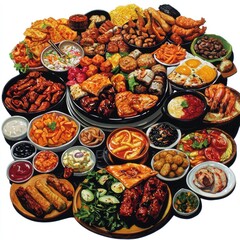 Fototapeta premium Abundant Asian food feast; diverse dishes, vibrant colors; restaurant buffet; culinary background