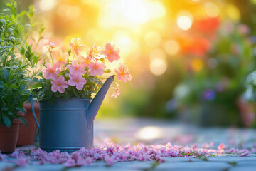 Pink calibrachoa flowers blooming in a metal watering can, illuminated by a stunning sunset, create a tranquil and vibrant scene in a beautiful garden setting