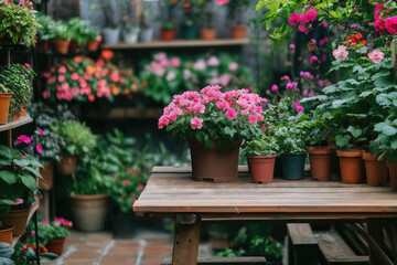 Potted pink azaleas and other plants sit on a wooden table in a greenhouse or plant nursery, creating a vibrant and colorful display of nature's beauty