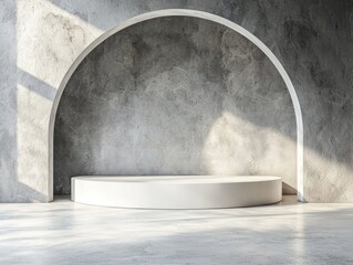 Minimal white podium stage for showcasing sample products, set against a grey commercial background.