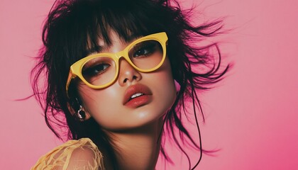 Stylish Woman in Yellow Glasses Against Pink Background