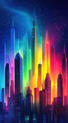 Stunning digital of a vibrant futuristic city skyline with towering skyscrapers and colorful neon lights illuminating the night sky  This dynamic modern cityscape creates a captivating