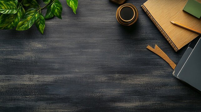 Eco-friendly workspace with coffee, plant, notebook and folder on a dark wooden desk