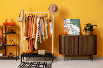 Rack with clothes, shelving unit and chest of drawers in dressing room