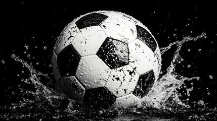 Naklejka premium Wet Soccer Ball Splashing in Water: Dynamic Black and White Sports Photography