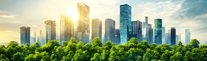 Naklejka premium Cityscape sunrise, green park, urban ecology