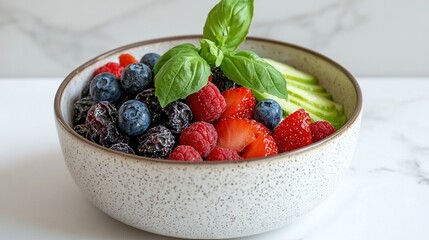   A bowl filled with ripe berries, fresh cucumber, succulent raspberries, and creamy avocado sits gracefully on the cool marble table