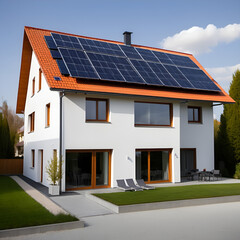 Fototapeta premium Casa com jardim e espreguiçadeira e com um painel fotovoltaico