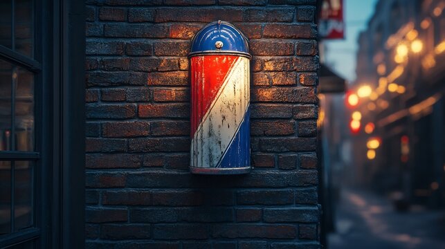 Vintage barber pole glows softly illuminating brick wall alleyway. AI Generated