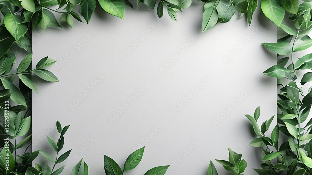 Poster green leaves bordering white background creating copy space for eco-friendly message