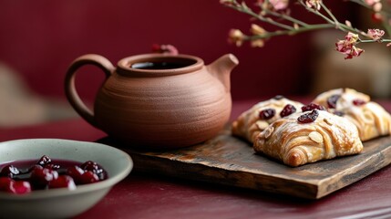 Rustic clay teapot serving cherry and hibiscus tea alongside pastries in a cozy setting