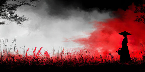 Silhouette of a woman with a straw hat and watering can in a red field under a gray sky. Generated with AI.