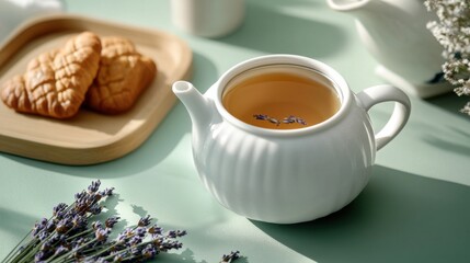 Ceramic teapot filled with honey and lavender tea accompanied by pastries on a serene table setting