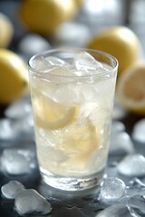 glass glass of lemonade with lemon slices and ice, many lemons in the background