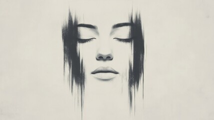 Abstract grayscale portrait of a woman with eyes closed, hair depicted with glitch effect.