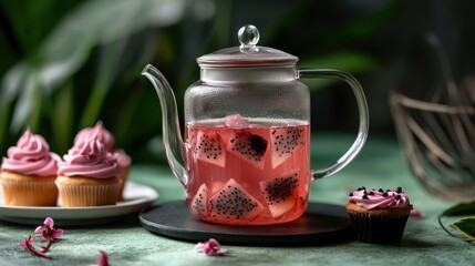 Delightfully brewed dragon fruit and hibiscus tea served with sweet cupcakes on a vibrant green table