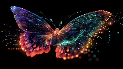 Captivating image of a glowing ethereal butterfly with iridescent prismatic wings against a dark night sky surrounded by shimmering radiant lights and a magical dreamlike atmosphere