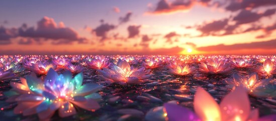 Mesmerizing scene of vibrant lotus flowers illuminated in the ethereal glow of a stunning sunset their reflections shimmering across the tranquil waters of a serene lake